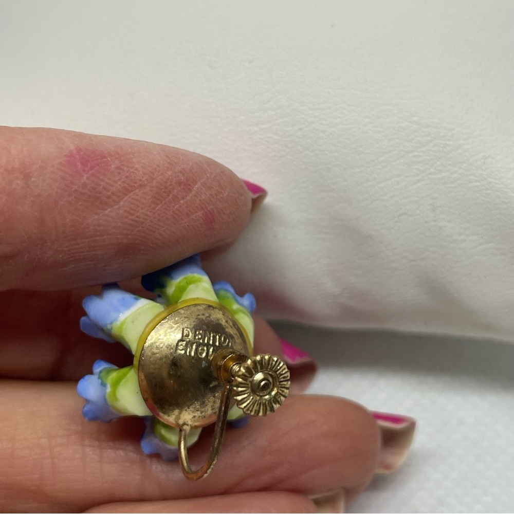 Vintage Denton England Bone China Cornflower Blue Hand Painted Earrings 1940s - Picture 5 of 6